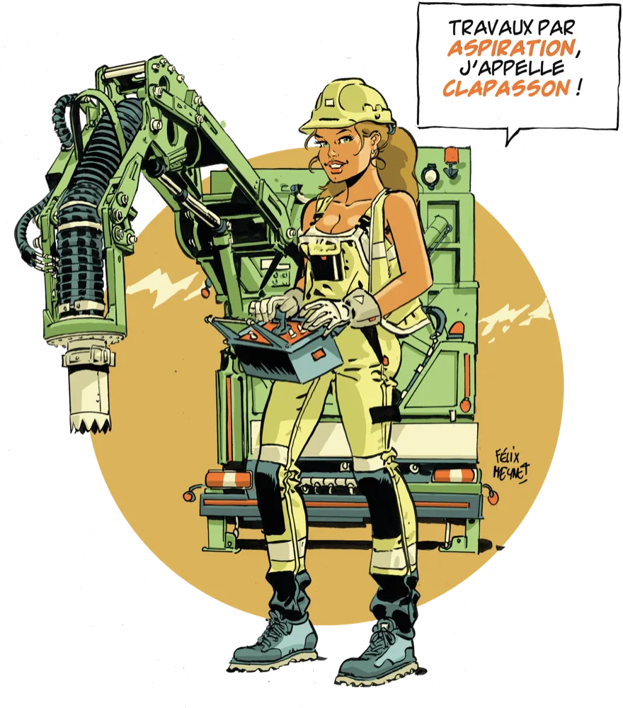 Illustration BD d'une opératrice Clapasson devant une aspiratrice-excavatrice